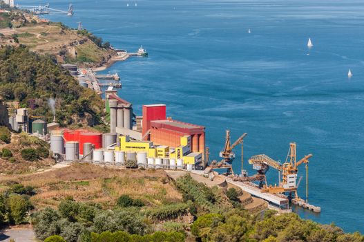 Aerial view of industrial zone with storage silos