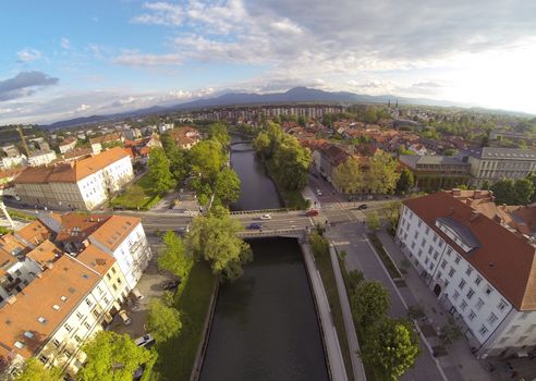 Areal photo of Ljubljana, capital of Slovenia. View from above on the historic centre of the city.