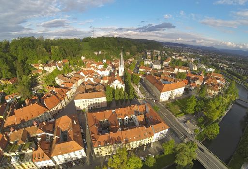 Areal photo of Ljubljana, capital of Slovenia. View from above on the historic centre of the city.