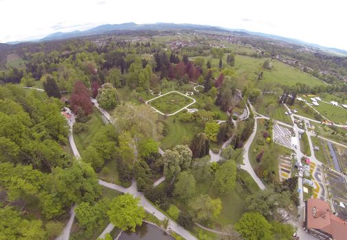 Aerial view on Arboretum in Volcji Potok in SLovenia