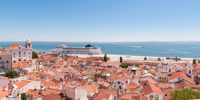 View of big passenger ship in Lisbon port from Alfama Miradouro 