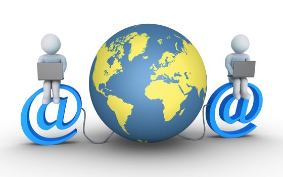 Two people are sitting on email symbols that are connected to the globe