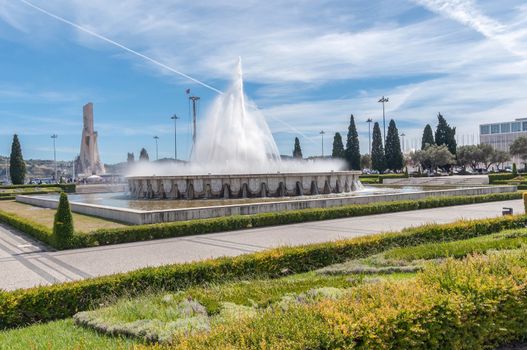 Fountain in front of Jeronimos Monastery in Lisbon, Portugal