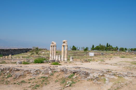 Pammukale, Turkey - July, 2015: photo of ancient city Hierapolis, near modern turkey city Denizli
