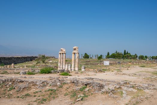 Pammukale, Turkey - July, 2015: photo of ancient city Hierapolis, near modern turkey city Denizli