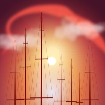 Illustration tops of yacht masts at sunset