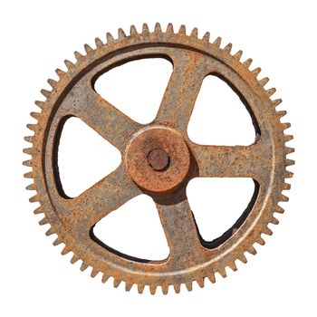 large gear wheel cogs rusty on white background