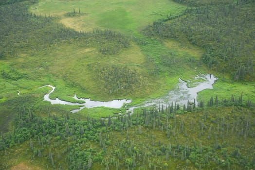 an aerial view of alaska wetland in katmai national park near king salmon