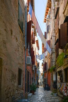 underwear drying on the rope in old town in Rovinj Croatia Adriatis coast Europe