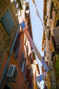 underwear drying on the rope in old town in Rovinj Croatia Adriatis coast Europe