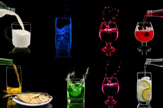 Glasses with different drinks on black background. Poured into glasses from bottles.
