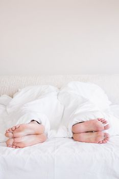  Bare feet of gay couple out from the blanket in bed