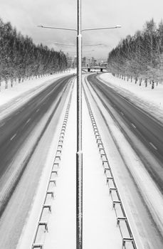 Highway in Umea, Sweden in winter. Black and white image.