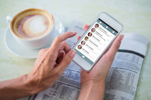 Smartphone app menu against man using mobile phone by coffee and newspaper in cafe