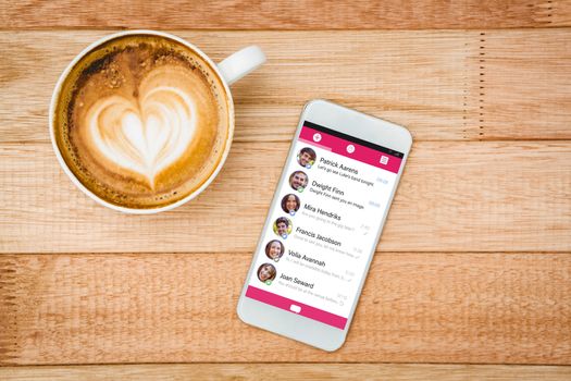 Smartphone app menu against view of a heart composed of coffee