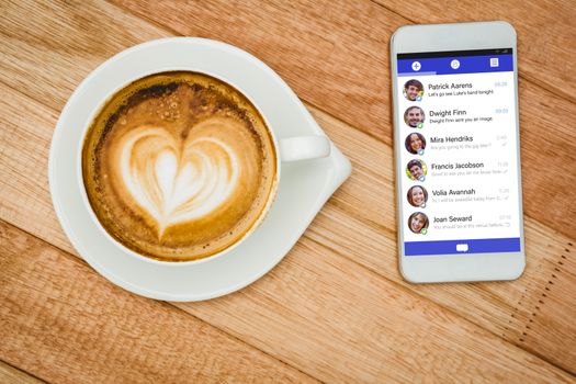 Smartphone app menu against view of a heart composed of coffee