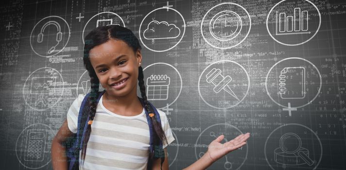 Portrait of a girl showing hand gesture against blue matrix and codes