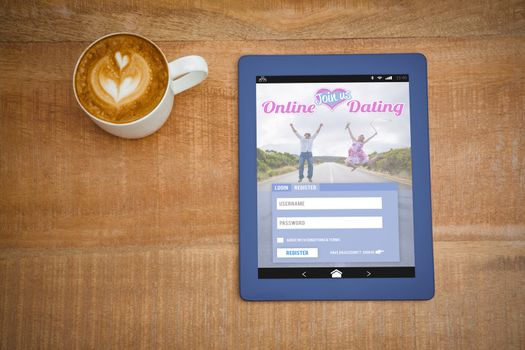 Online dating app against above view of a coffee and a blue tablet