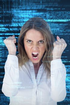  Angry yelling businesswoman against shiny blue coding on black background