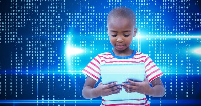 Standing boy using tablet against blue technology interface with binary code