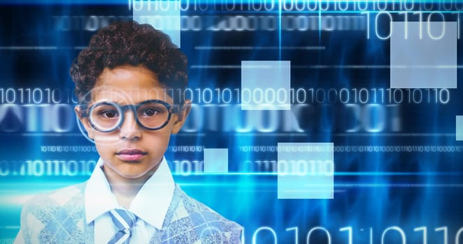 Portrait of a serious school boy against blue technology design with binary code