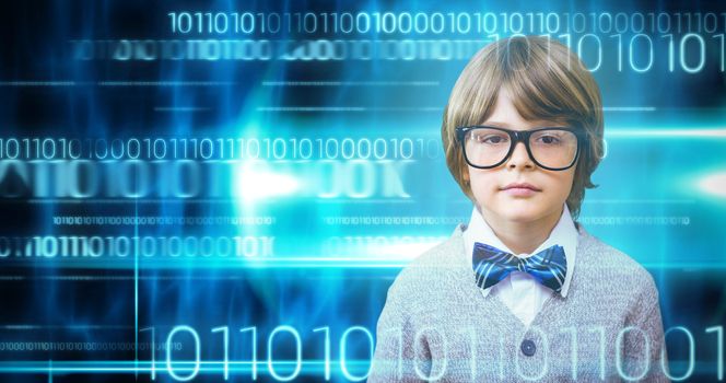 Cute pupil dressed up as teacher against blue technology design with binary code