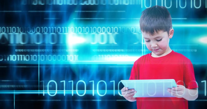 Standing boy using tablet against blue technology design with binary code