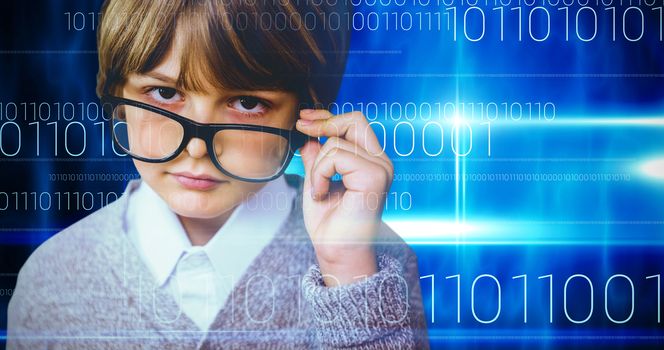 Cute pupil pretending to be teacher against blue technology design with binary code