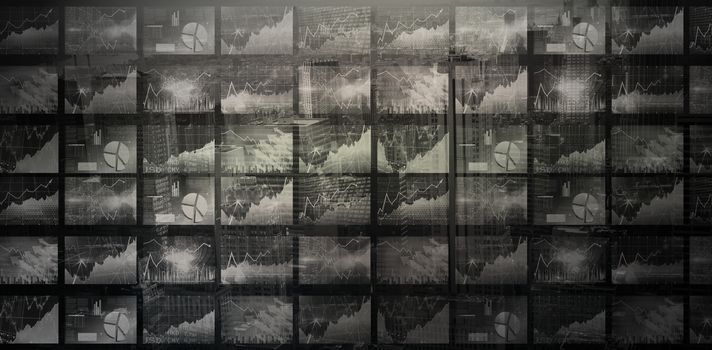 Stocks and shares against view of cityscape