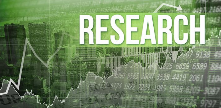 The word research and stocks and shares against view of cityscape