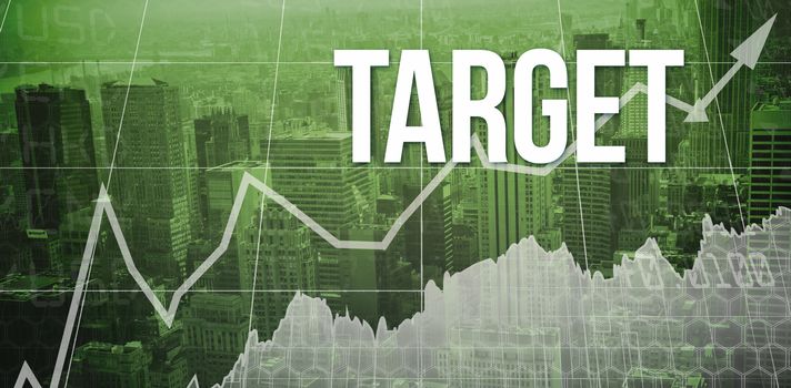The word target and stocks and shares against view of cityscape
