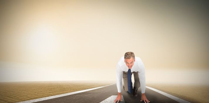 Business people ready to start race against green road landscape