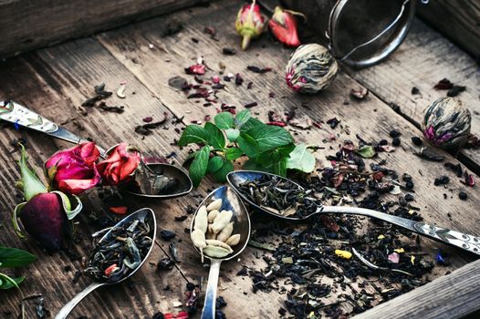 Spoon and spilling the tea leaves of different varieties on retro background