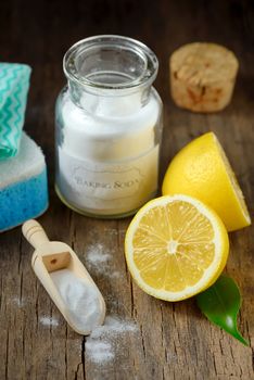 Cleaning tools lemon and sodium bicarbonate for house keeping