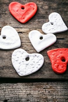 Sculpted hearts made from salt dough handmade.Selective focus