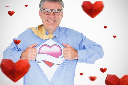 heart with scroll against man with glasses is pulling his shirt with his hands
