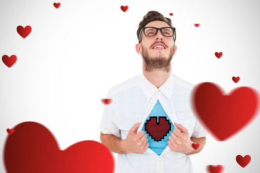heart against geeky hipster opening shirt superhero style