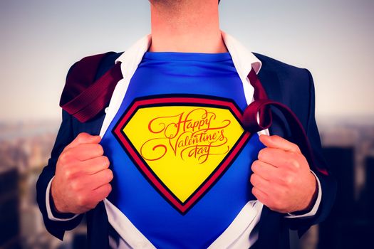 Businessman opening shirt in superhero style against new york