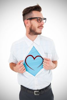 Heart against geeky hipster opening shirt superhero style
