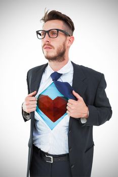 Heart against geeky hipster opening shirt superhero style