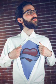 heart with scroll against thoughtful hipster opening shirt in superhero style 