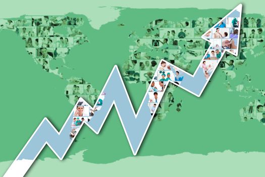 Red arrow pointing up against pictures of doctors forming a world map