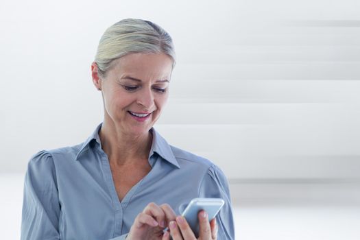 Businesswoman using her smartphone against abstract white design