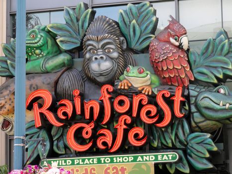 SAN FRANCISCO, USA - JULY 23 2010: Rainforest Cafe in San Francisco, CA. Rainforest Cafe is a themed restaurant chain. Restaurant slogan : "A wild place to shop and eat"