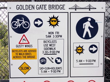 SAN FRANCISCO - JUL 22 : Golden Gate Bridge Rules Sign. List of forbidden things and information to cross the bridge, Northern California on July 22, 2010 in San Francisco, USA