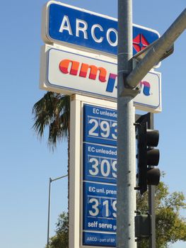SAN FRANCISCO - JUL 24 : Arco Gas Station and AMPM Restaurant (Cafe) Signs in the street, Northern California on July 24, 2010 in San Francisco, USA 