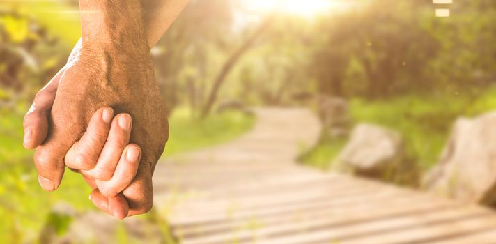 Happy senior couple holding hands against wooden trail across countryside