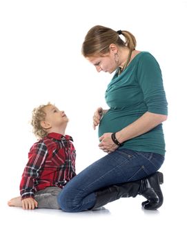 little boy and mother in front of white background