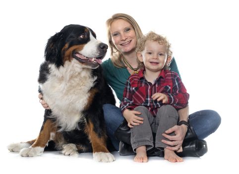 little boy, dog and mother in front of white background
