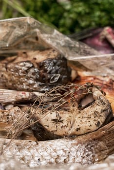 fragrant slices in greens with oven roasted fresh fish